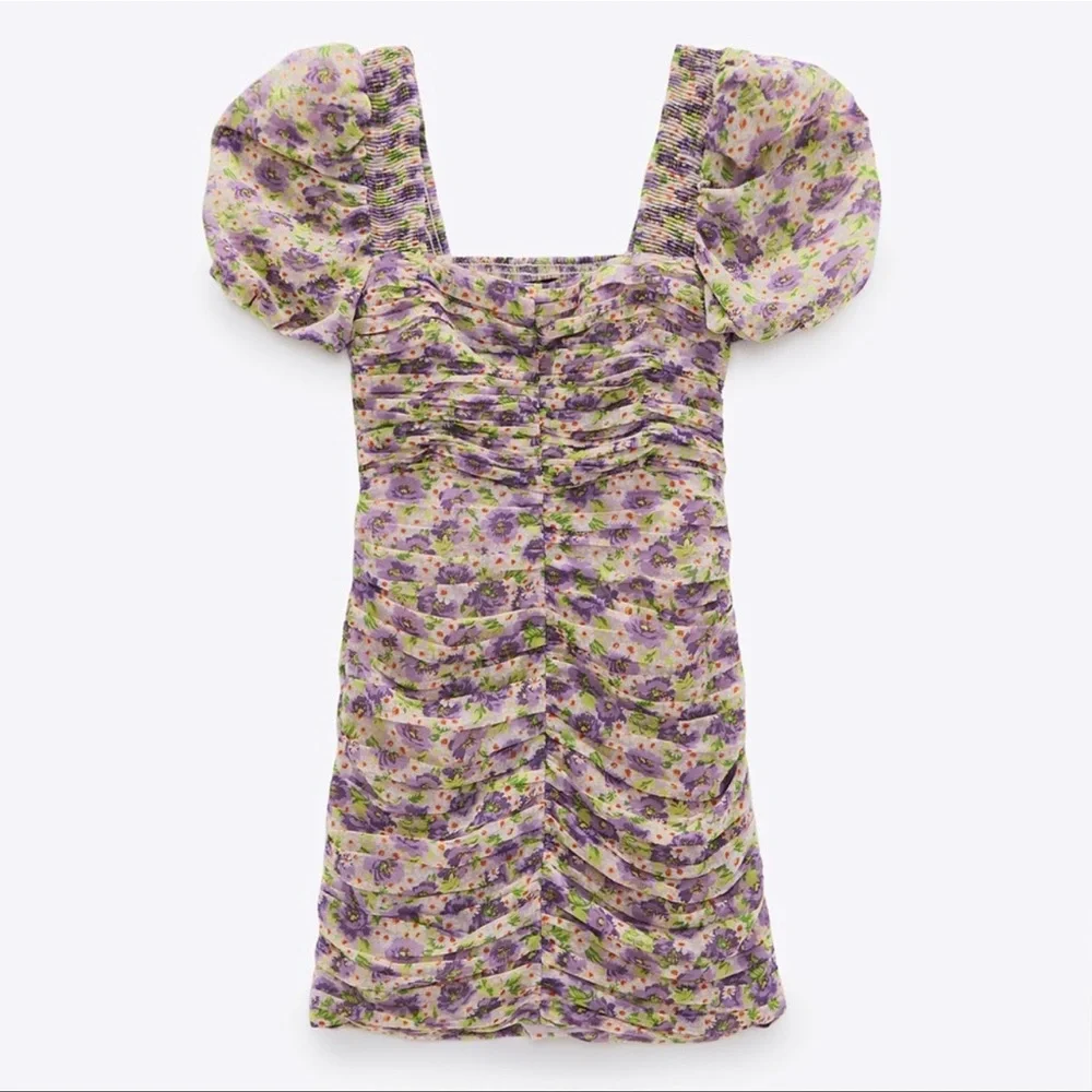 🥰🥰ZARA Floral Ruched Puff Sleeves Mini Dress🥰🥰 - Picture 2 of 16